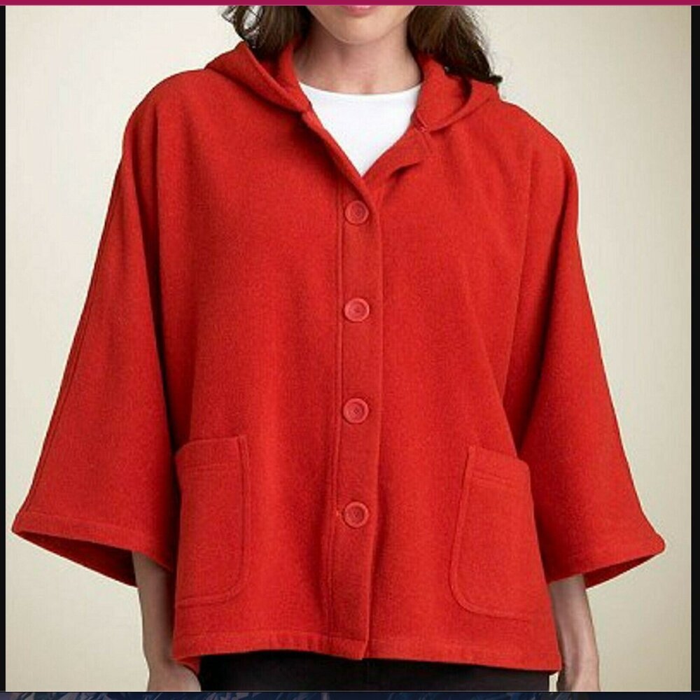 Eileen Fisher 100% Wool Tangelo Melton Retro Hooded Boxy Coat